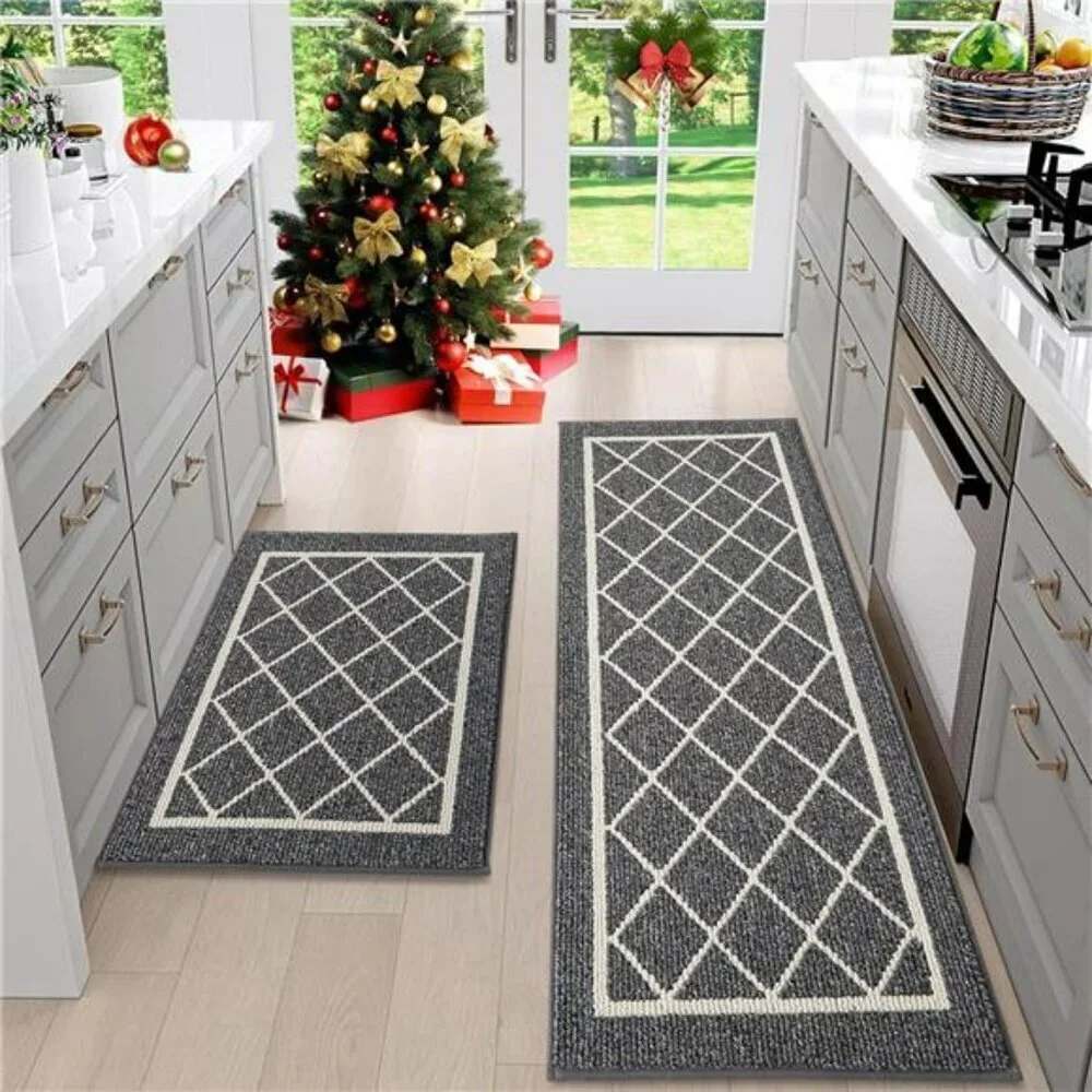 Non Slip Kitchen Rugs Set of 2 Grey Washable Runner Mats for Floor Sink
